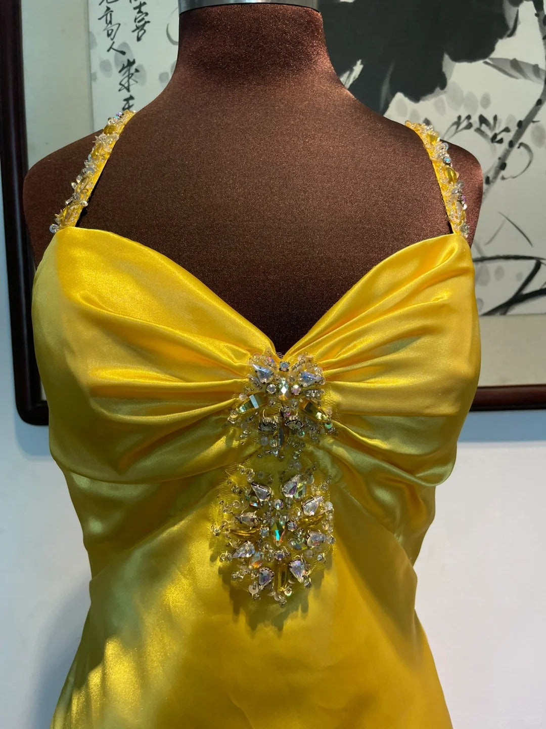 Vintage Yellow Fitted Halter Neck Satin Long Prom Dress Evening Dress Bridesmaid Dress P4266