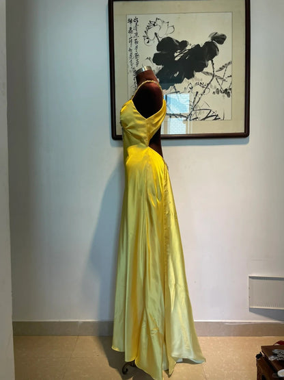 Vintage Yellow Fitted Halter Neck Satin Long Prom Dress Evening Dress Bridesmaid Dress P4266