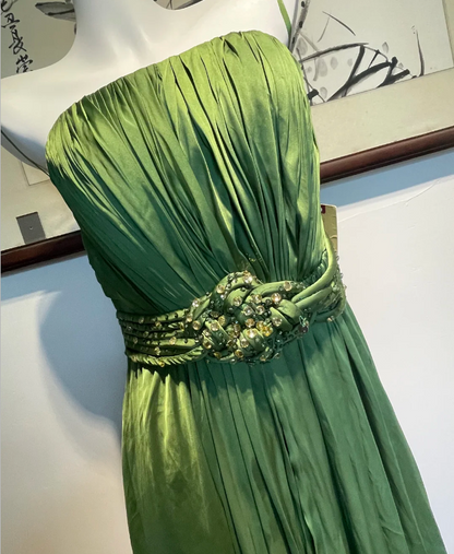 Elegant Green A-line Spaghetti Strap Pleated Beaded Satin Long Prom Dress Evening Dress Bridesmaid Dress P4269
