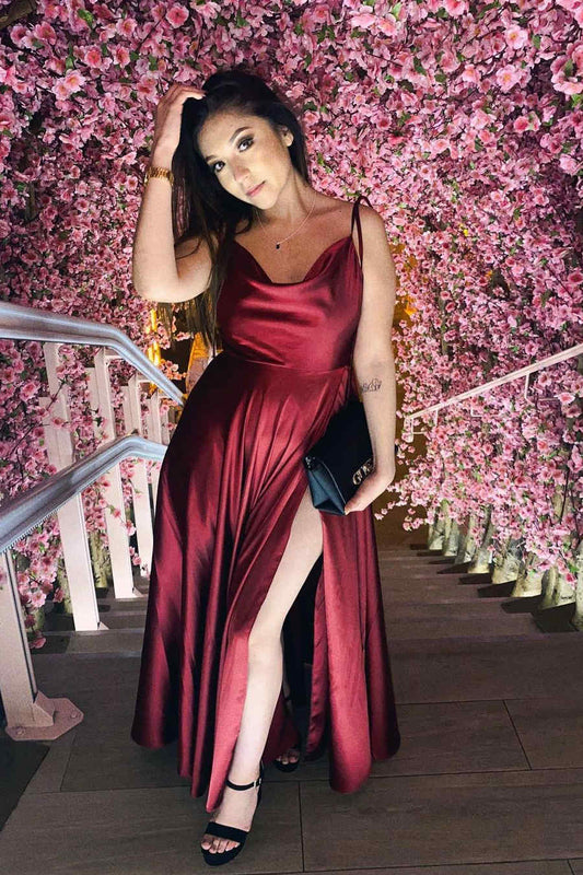 Tie Straps Burgundy Long Prom Dress with Slit,Evening Dresses for Weddings