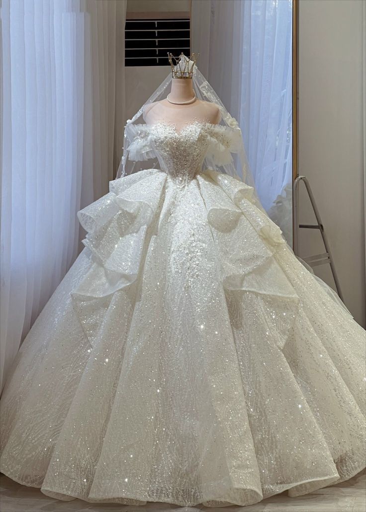 Gorgeous Off-Shoulder Sequins Ruffled Tulle Wedding Dress Sparkling Fairytale Bridal Gown TP5074