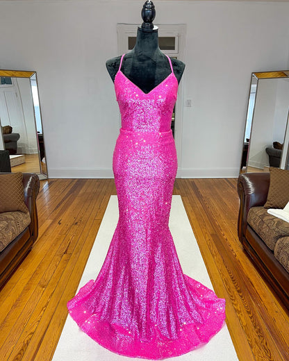 Sparkle Orange Sequin Mermaid Long Formal Dress Prom Gown
