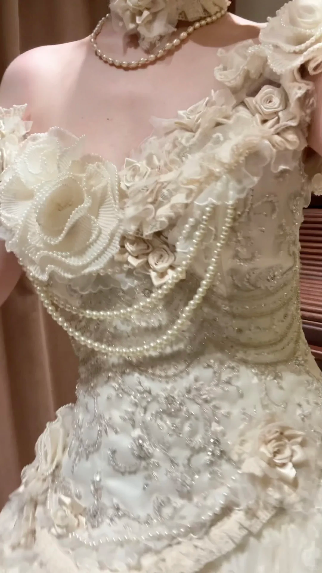 Luxurious Ivory Off-Shoulder 3D Floral Ruffled Pearl Accents Wedding Dress TP5333