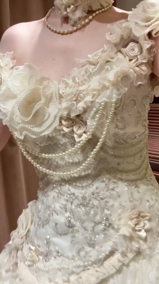 Luxurious Ivory Off-Shoulder 3D Floral Ruffled Pearl Accents Wedding Dress TP5333