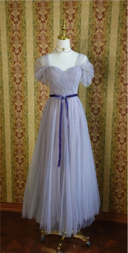 Elegant Purple A-line Puff Sleeve Tulle Long Prom Dress Evening Dress Bridesmaid Dress P4279