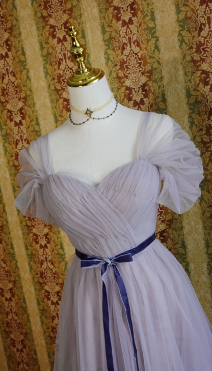 Elegant Purple A-line Puff Sleeve Tulle Long Prom Dress Evening Dress Bridesmaid Dress P4279