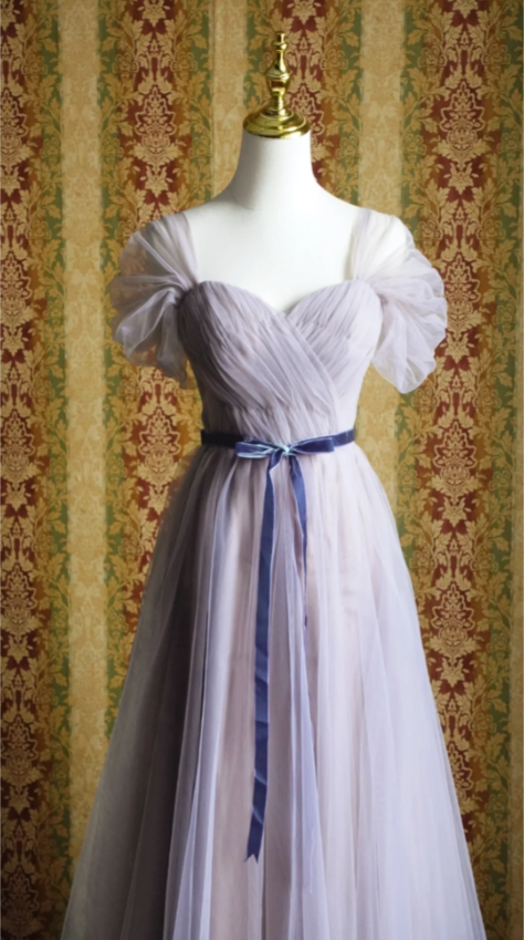 Elegant Purple A-line Puff Sleeve Tulle Long Prom Dress Evening Dress Bridesmaid Dress P4279