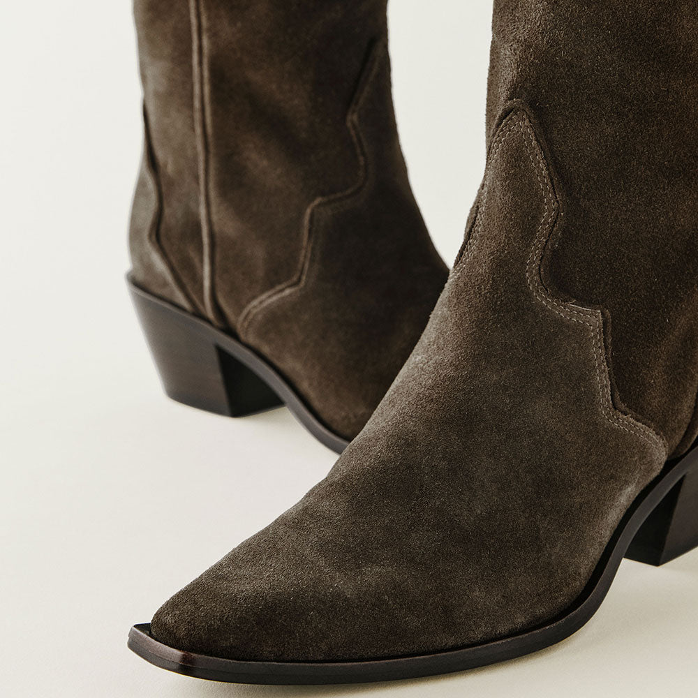 Olive Vegan Suede Snip Toe Chunky Heel Pull-On Knee Cowgirl Boots