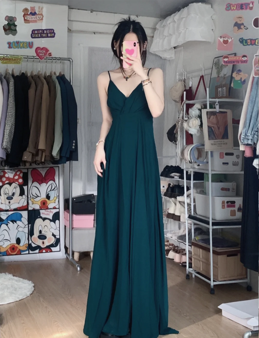 Simple Dark Green A-Line V-Neck Halter Chiffon Long Prom Dress Evening Dress Bridesmaid Dress P4283