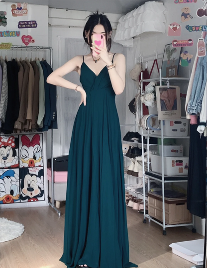 Simple Dark Green A-Line V-Neck Halter Chiffon Long Prom Dress Evening Dress Bridesmaid Dress P4283
