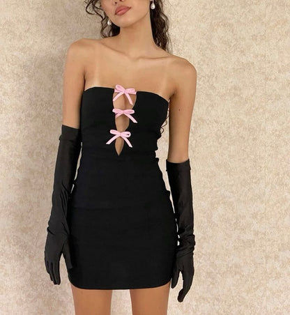 amakanas-Black and pink bow short satin homecoming dress gh5259