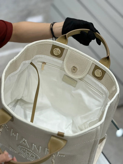 Chanel Natural Canvas and Tan Leather Large Pearl Deauville Tote - 30x39x22cm
