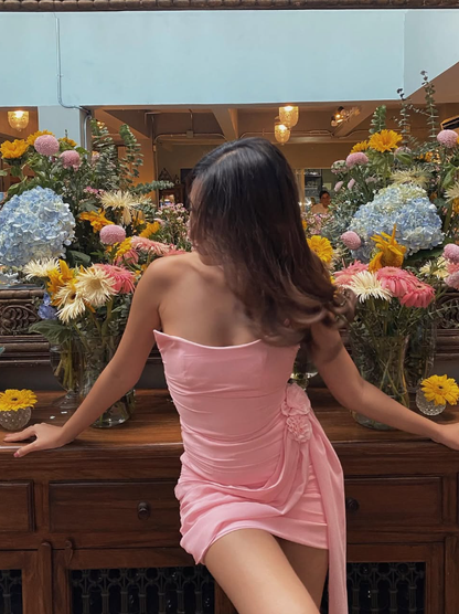 Elegant Sheath Strapless 3D Flower Pink Satin Chiffon Short Homecoming Dress SH2110