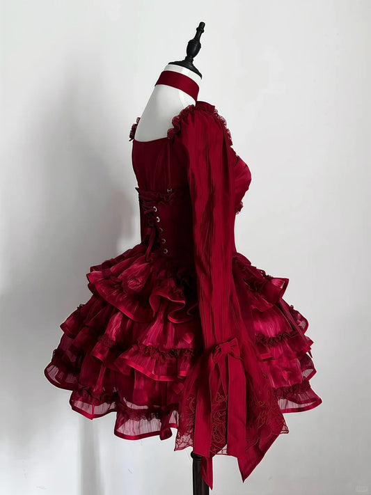 amakanas-RRed Princess Long Sleeve Lace Fashion Short Tulle Homecoming Dress Birthday Party Dress gh5416