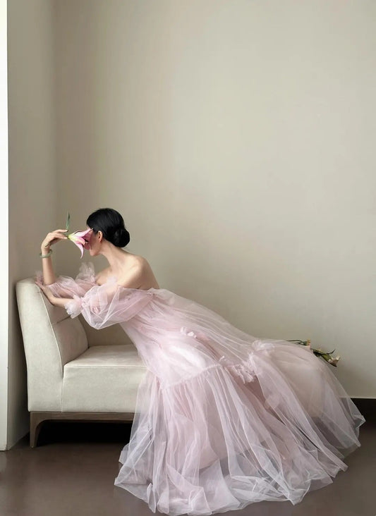 amakanas- Vintage Pink Tulle Off-Shoulder Puff Sleeve Open-Back Long Forest-Style Evening Gown gh6092