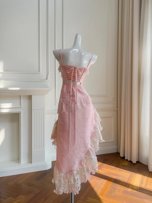 Pink Lace Vintage Flowy long/Short Homecoming Dress Chiffon Ball Gown Birthday Party Dress gh4406