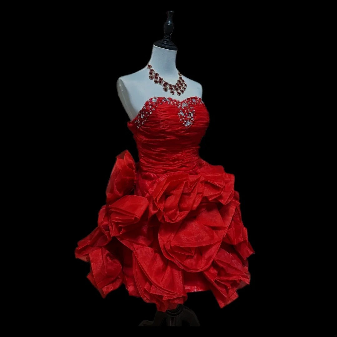 Red Beaded Short Ruffle Satin Homecoming Dress Prom Dress Birthday Dress gh4634