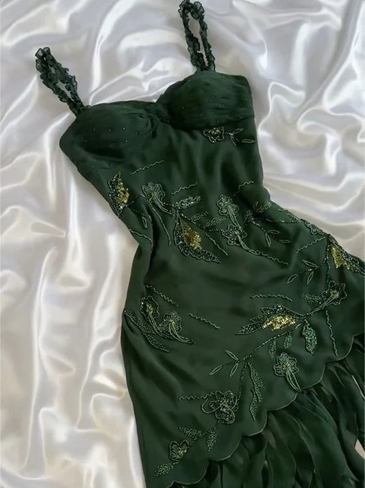 amakanas-Dark green chiffon short/long ruffled homecoming dress prom dress formal evening dress gh5137
