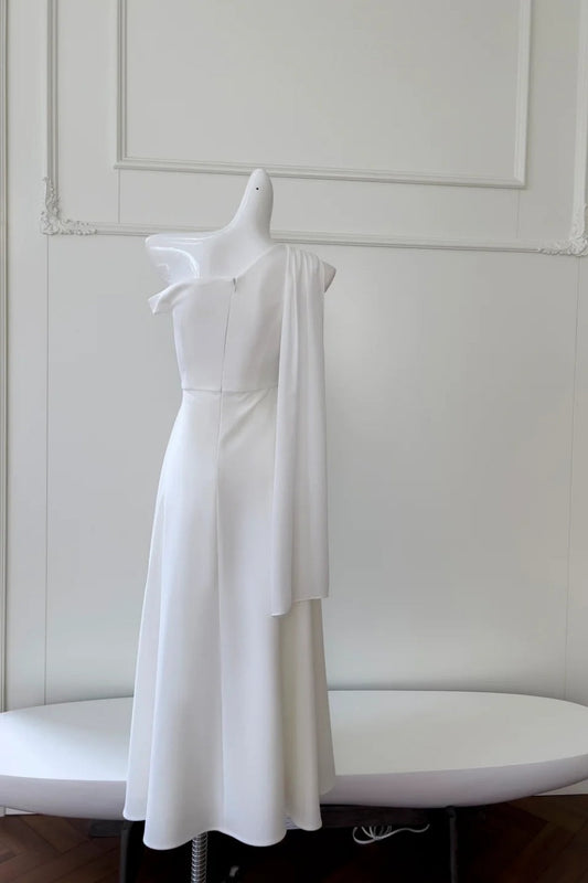 amakanas- Minimalist White Asymmetric Off-Shoulder Midi Evening Gown gh6097