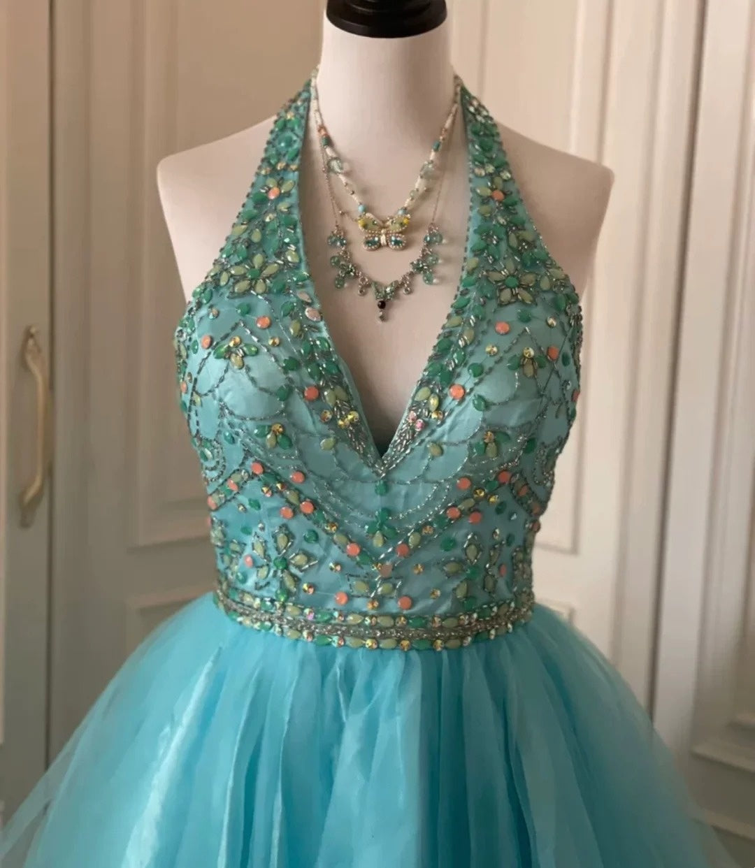 Blue Beaded Short Chiffon Homecoming Dress Prom Dress Birthday Party Dress gh4847