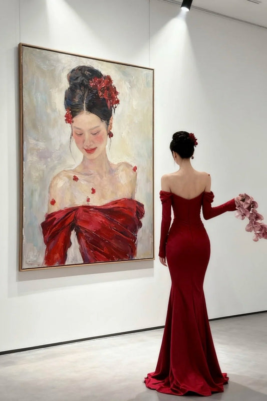 amakanas- Red Long Sleeve Off-The-Shoulder Bodycon Satin Floor-Length Ball Gown Prom Dress gh5961