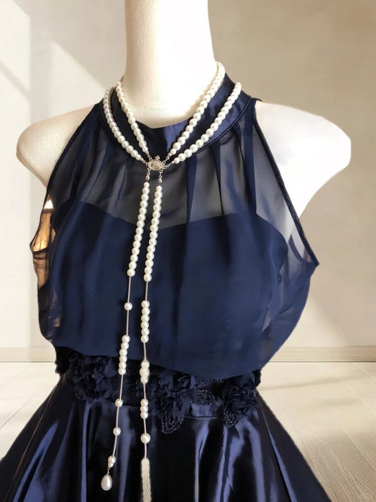 amakanas--Navy blue satin retro halter neck elegant satin simple homecoming dress gh5699