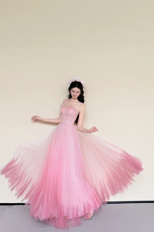 amakanas-Flower Fairy Dress Pink Shiny Sweet Exquisite Beaded Long Tulle Ball Gown Evening Gown Graduation Gown gh5980