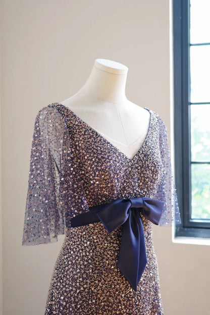 amakanas-Vintage Blue-Gold Gradient V-Neck Sequin Bow Long Evening Gown gh6030