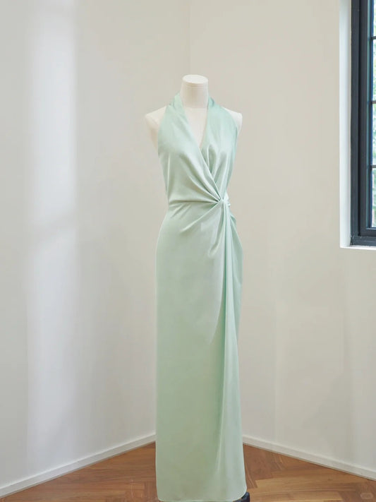 amakanas-Mint Green Simple Fashion Halter Neck Long Satin Prom Dress Evening Dress Party Dress Bridesmaid Dress gh5055