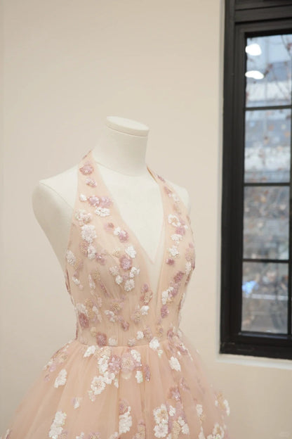 amakanas-Pink floral fashion long tulle sequin homecoming dress birthday dress Prom dress evening dress gh5071