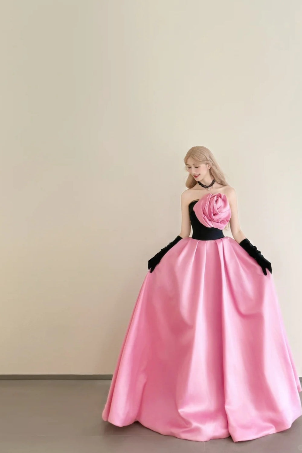 amakanas-Vintage Pink-Black Contrast 3D Floral Strapless Swing Court Style Evening Gown gh6029