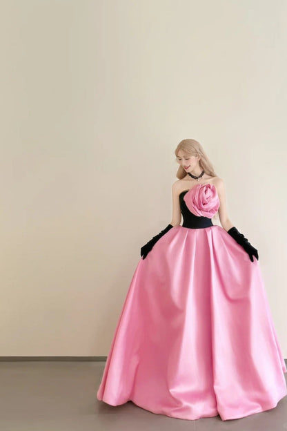 amakanas-Vintage Pink-Black Contrast 3D Floral Strapless Swing Court Style Evening Gown gh6029