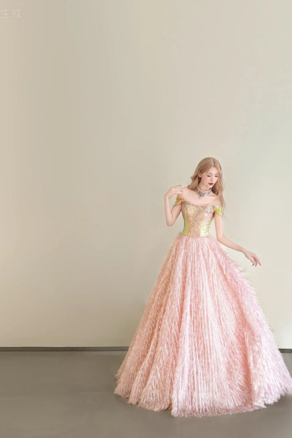 amakanas-Vintage Pink-Gold Contrast Off-Shoulder Court Style Evening Gown gh6027