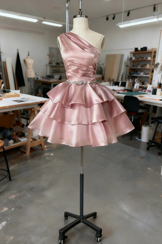 amakanas-Pink Satin One-Shoulder Ruffled Short Birthday Dress gh6164