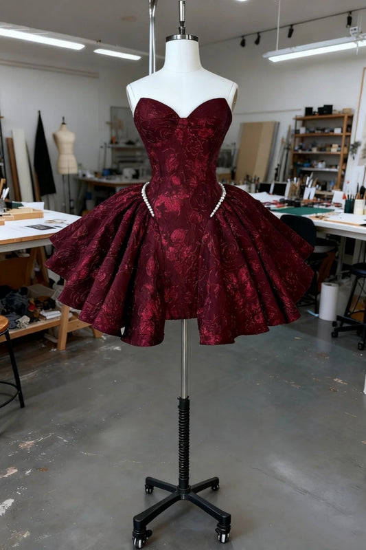 amakanas-Burgundy Delicate Lace Short Back-To-School Dress, Hoco Dress, Birthday Dress gh6165