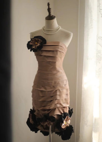 Tea Color Fashion Floral Short Front and Back Length Short Satin Homecoming Dress Fashion Birthday Party Dress Evening Dress gh4816