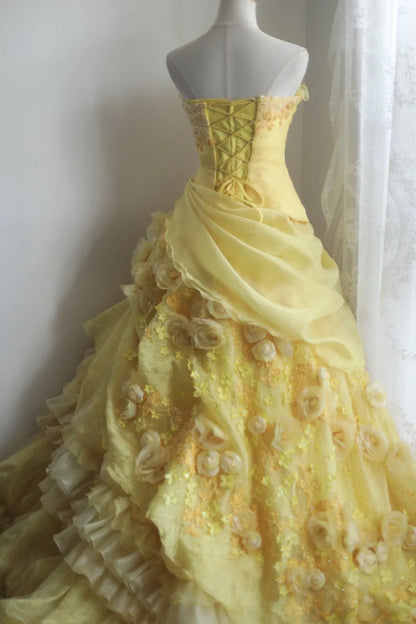 A Line Yellow 3D Flowers Wedding Dress Sleeveless Long Princess Evening Dress   cg25936
