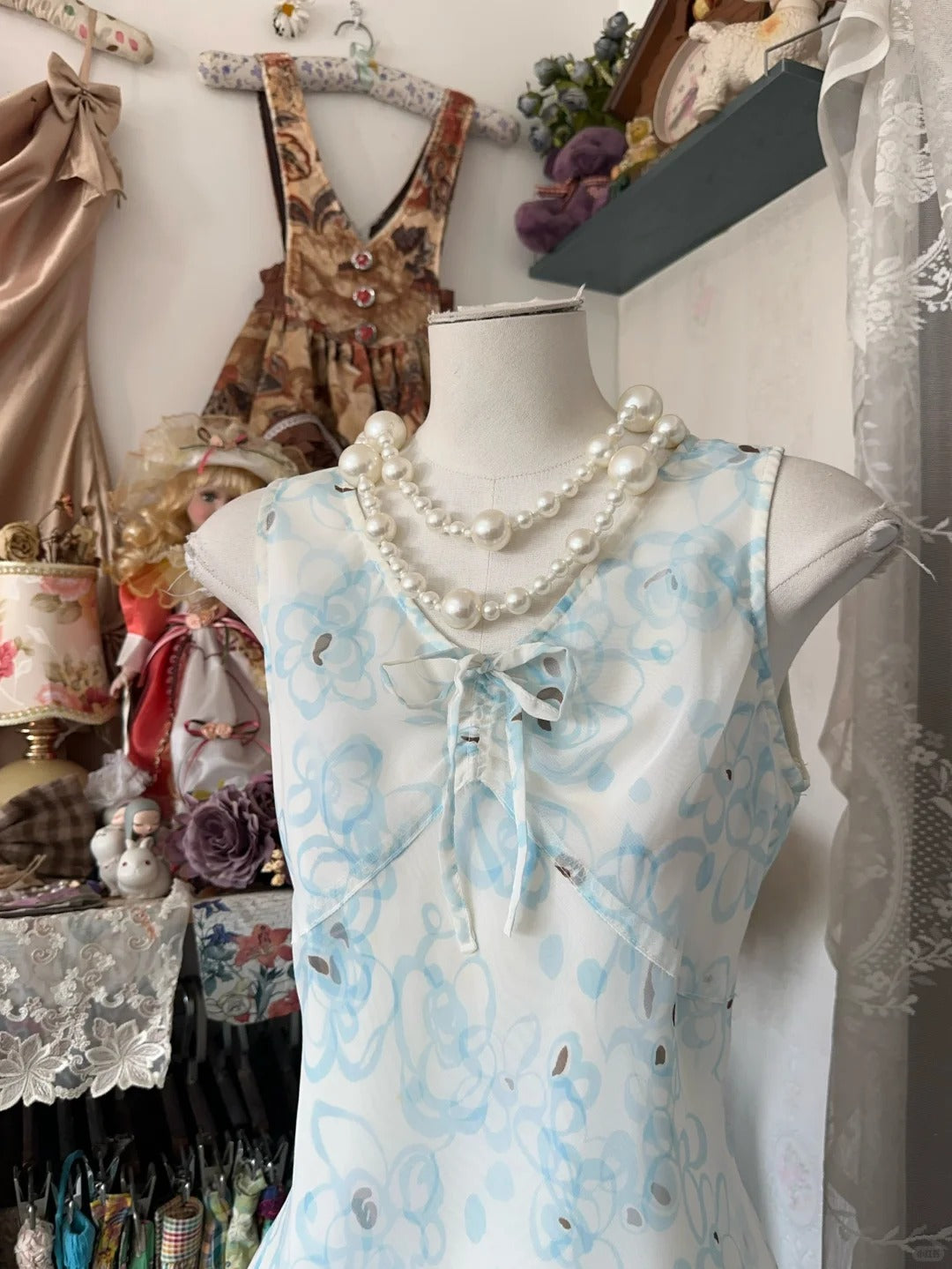 amakanas-Blue Floral Midi Chiffon Homecoming Dress Party Gown gh5247