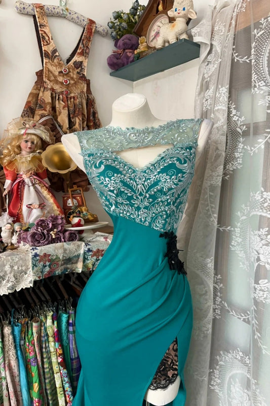 amakanas-Green retro-style long satin dressgh6126