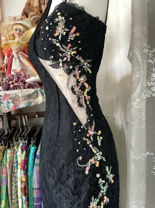 amakanas-Black beaded vintage short lace chiffon homecoming dress birthday dress cocktail party dress gh5228