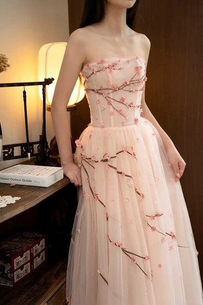 amakanas- Vintage Peach Pink Plum Blossom 3D Embroidered Strapless Tulle Chinese Style Evening Gown gh6034
