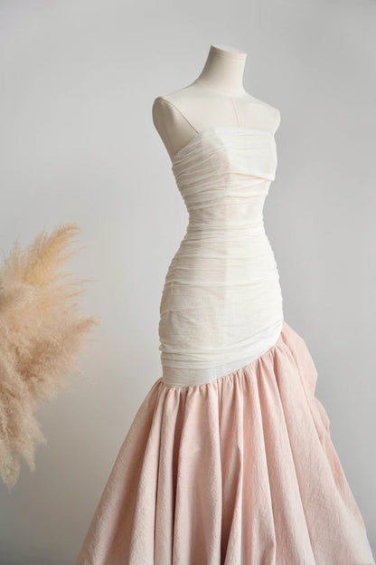 amakanas- Vintage Pink-White Contrast Ruched Strapless Mermaid Long Evening Gown gh6091
