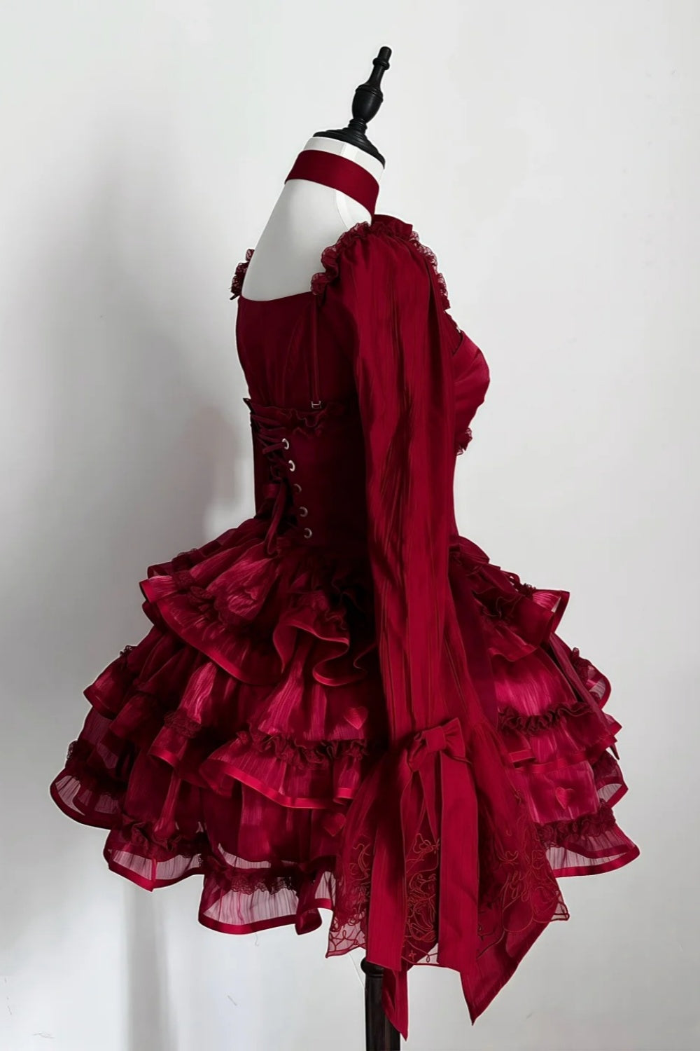 amakanas-Long sleeve/sleeveless Vintage Wine Red Lolita Bow Lace Tiered Short Party Dress gh6031