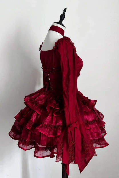amakanas-Long sleeve/sleeveless Vintage Wine Red Lolita Bow Lace Tiered Short Party Dress gh6031