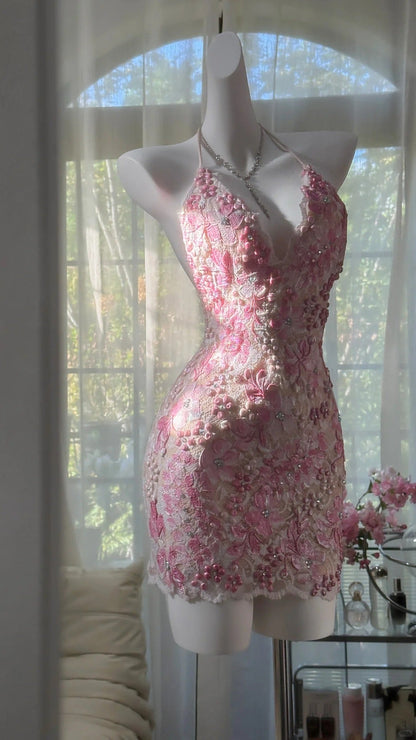 amakanas-New Pink Floral Exquisite Beaded Short Lace Homecoming Dress Birthday Party Dress gh5803