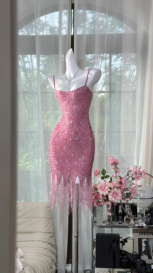 Vintage Pink Sparkling Sequin Spaghetti Strap Tassels Hem Romantic Evening Dress Prom Dresses TP4151