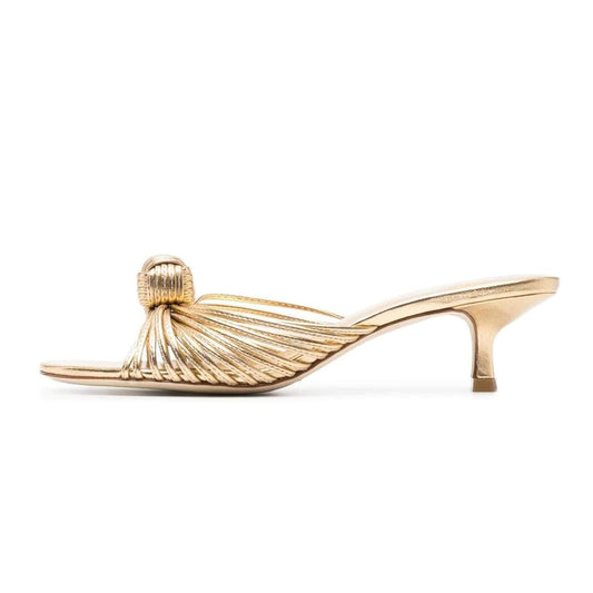Gold Metallic Open-Toe Strap Knotted Kitten Heel Mules Shoes