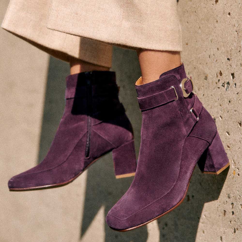 Purple Square Toe Chunky Heel Elegant Buckled Strappy Ankle Boots