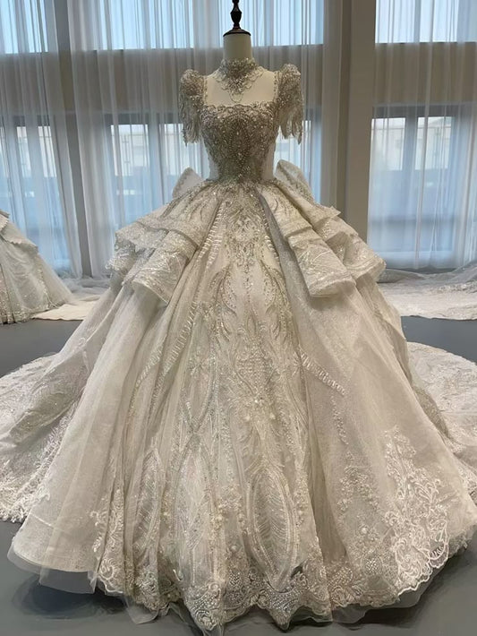 Vintage High Neck Beaded Wedding Dress A-Line Tiered Ruffles Lace Bridal Gown TP5077