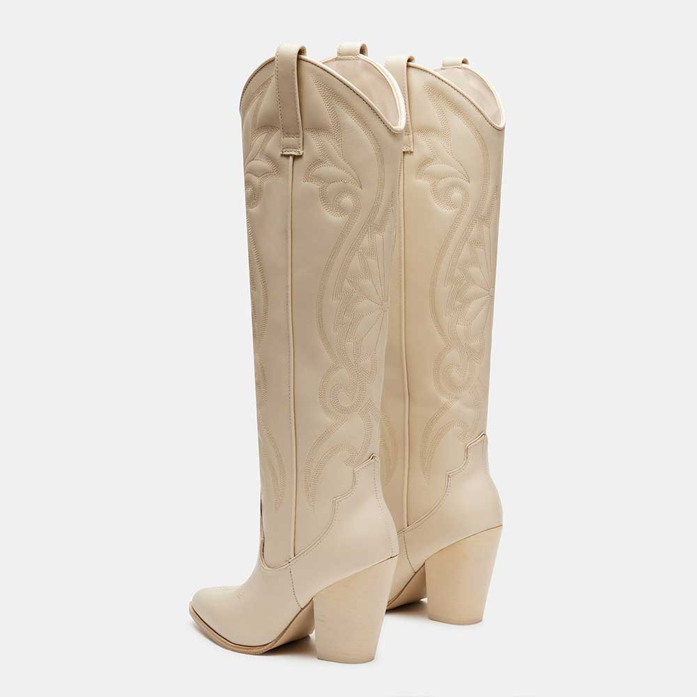 Ivory Pointed Toe Embroidered Knee-high Block Heel Cowgirl Boots